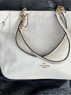 COACH  Elle Off White Pebbled Leather Tote with Gold Chain Straps